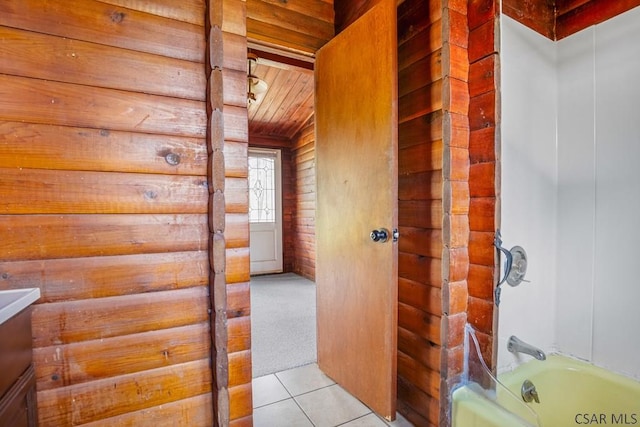706 Laurel Summit Rd, Boswell, PA 15531 - corridor with wood ceiling, light colored carpet, light tile patterned floors, and wood walls