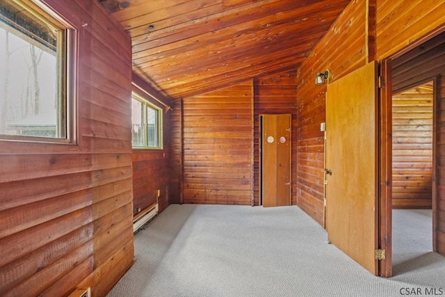 706 Laurel Summit Rd, Boswell, PA 15531 - corridor with vaulted ceiling, a baseboard radiator, carpet floors, wooden ceiling, and wood walls