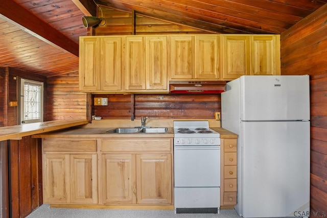 706 Laurel Summit Rd, Boswell, PA 15531 - kitchen with white appliances, under cabinet range hood, light brown cabinets, wooden ceiling, and wooden walls