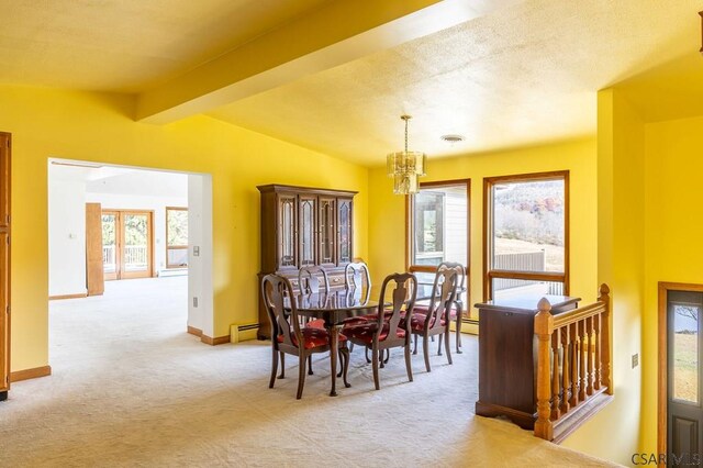 carpeted dining space featuring an inviting chandelier, a baseboard radiator, and lofted ceiling with beams