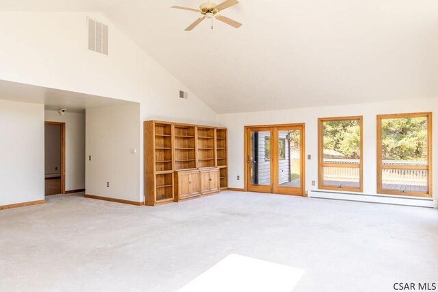 unfurnished living room with ceiling fan, a baseboard radiator, high vaulted ceiling, and light colored carpet