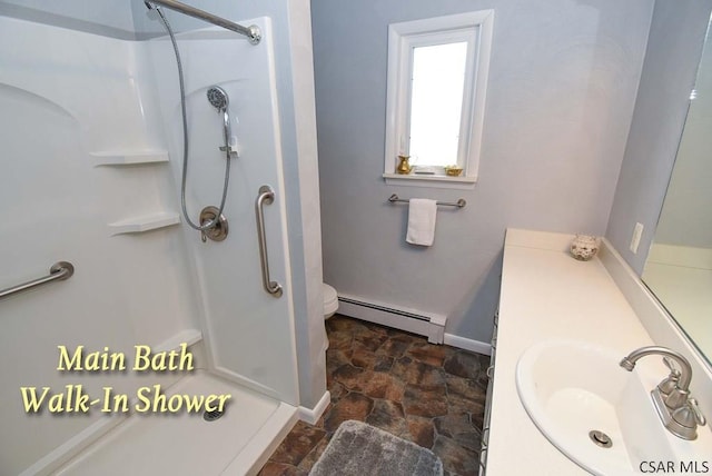 312 Furnari Ave, Johnstown, PA 15905 - bathroom with a baseboard heating unit, a stall shower, vanity, and stone finish floors