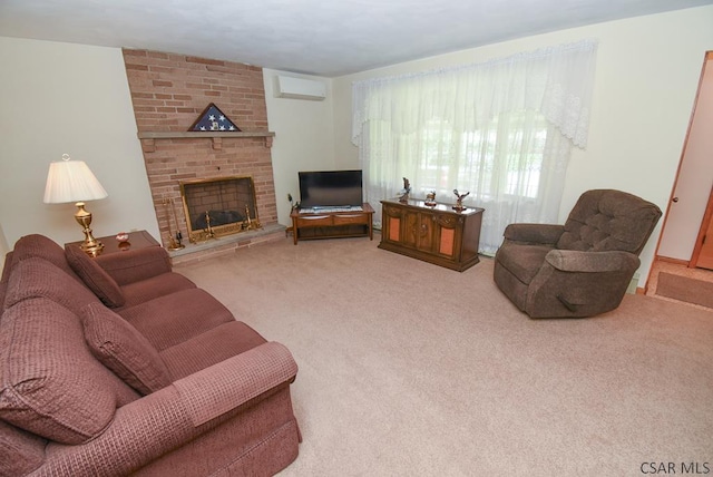 312 Furnari Ave, Johnstown, PA 15905 - living area with carpet flooring, a brick fireplace, and a wall mounted air conditioner