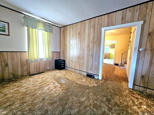 empty room featuring wooden walls and carpet flooring