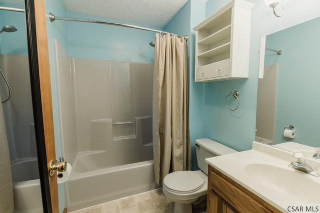 full bathroom with shower / bathtub combination with curtain, vanity, toilet, and a textured ceiling