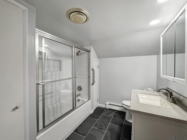 full bathroom featuring tile patterned floors, toilet, bath / shower combo with glass door, a baseboard radiator, and vanity