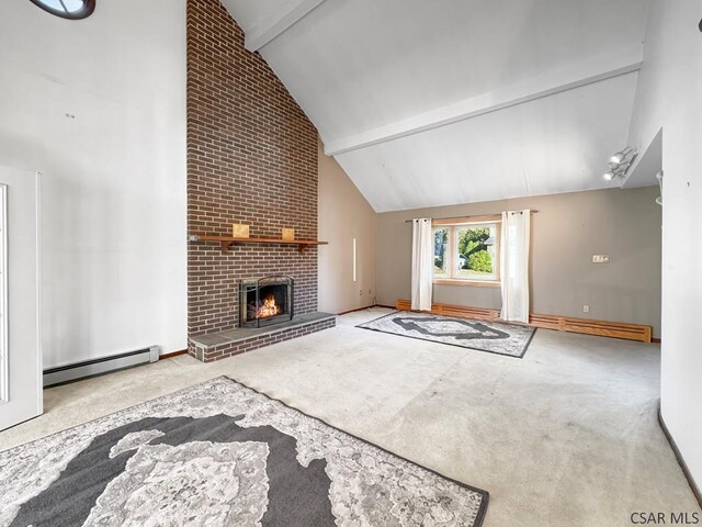 unfurnished living room with high vaulted ceiling, a brick fireplace, beamed ceiling, light colored carpet, and a baseboard heating unit