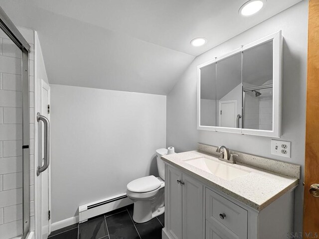 bathroom with tile patterned floors, lofted ceiling, an enclosed shower, a baseboard radiator, and vanity