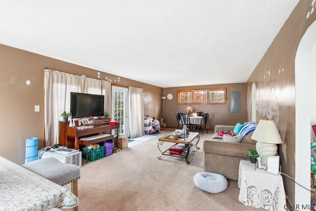 carpeted living room featuring electric panel and a textured ceiling