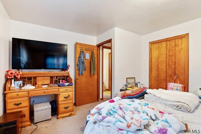 bedroom with light colored carpet and a closet