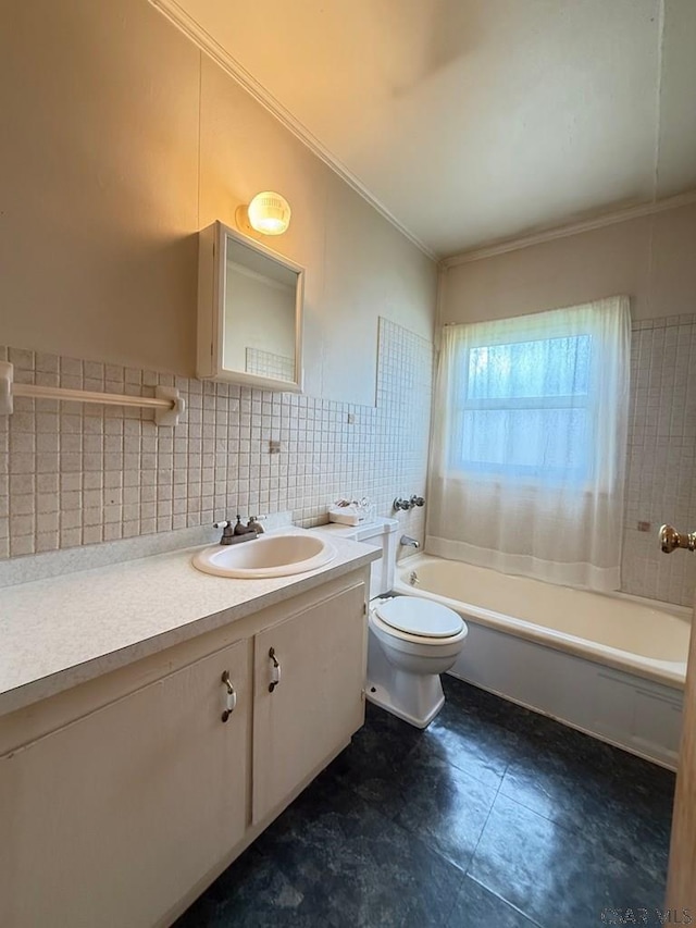 bathroom featuring toilet, vanity, crown molding, backsplash, and a bath