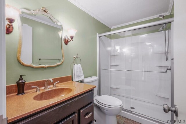 218 Rocky Ridge Rd, Jennerstown, PA 15547 - bathroom featuring toilet, crown molding, vanity, and a stall shower