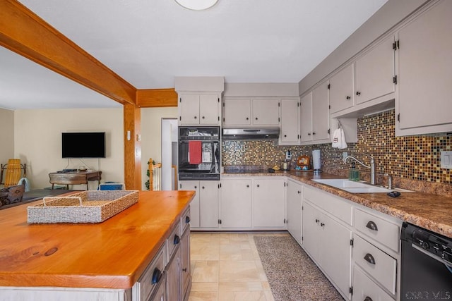 218 Rocky Ridge Rd, Jennerstown, PA 15547 - kitchen with black appliances, backsplash, under cabinet range hood, and a sink