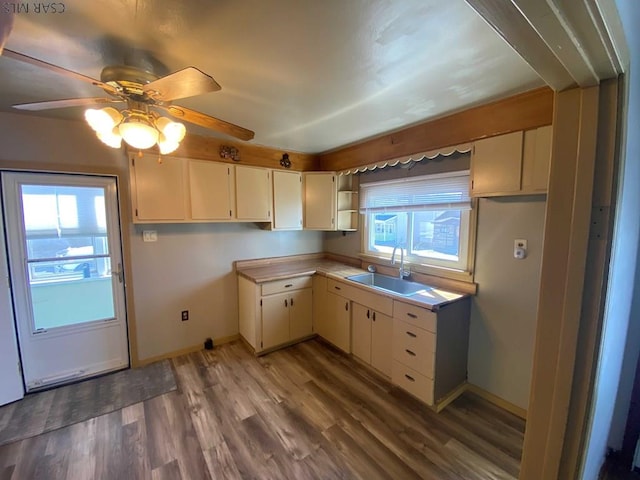 kitchen featuring a sink, plenty of natural light, wood finished floors, and light countertops