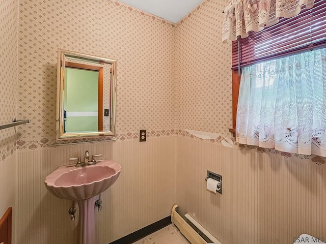 500 Randolph St, Ebensburg, PA 15931 - bathroom with wallpapered walls, a wainscoted wall, and a sink