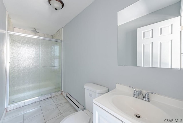 bathroom with vanity, an enclosed shower, baseboard heating, and toilet