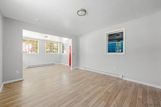 unfurnished room with a baseboard radiator and light wood-type flooring