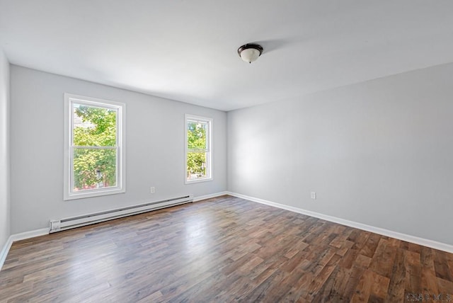 unfurnished room with dark wood-type flooring and a baseboard radiator