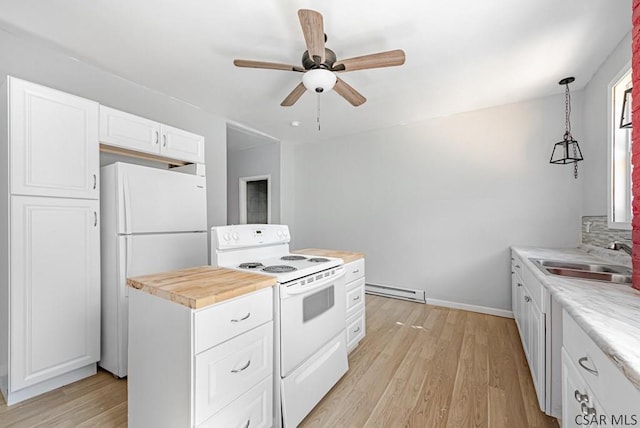 kitchen featuring pendant lighting, sink, white appliances, white cabinetry, and a baseboard radiator