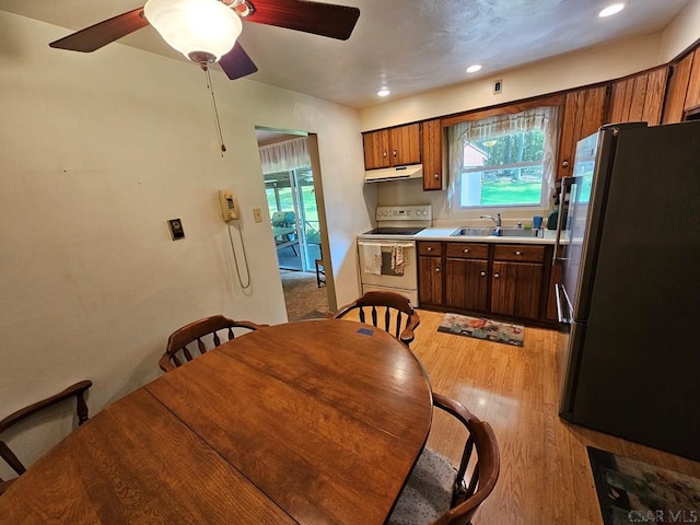 1827 Saylor School Rd, Boswell, PA 15531 - kitchen featuring white range with electric stovetop, freestanding refrigerator, under cabinet range hood, a sink, and recessed lighting