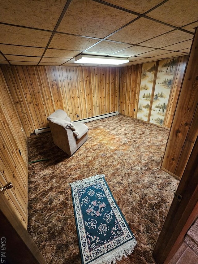 1827 Saylor School Rd, Boswell, PA 15531 - empty room with carpet, wood walls, a baseboard radiator, and a paneled ceiling
