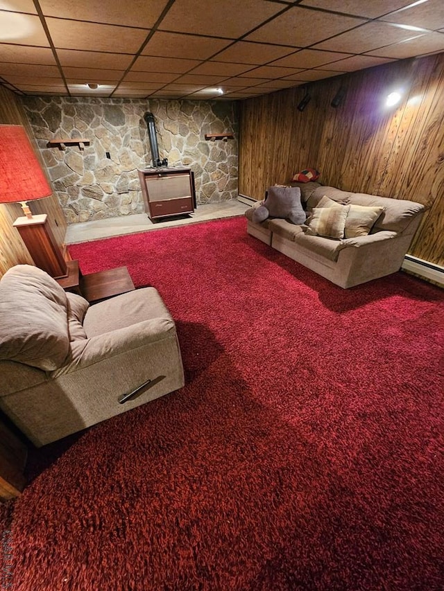 1827 Saylor School Rd, Boswell, PA 15531 - carpeted living area featuring a paneled ceiling and wooden walls