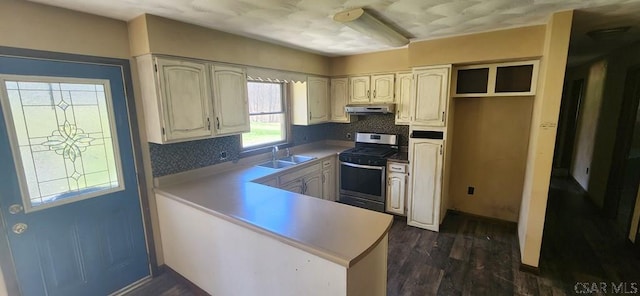 kitchen featuring stainless steel range with gas cooktop, a sink, a peninsula, and dark wood-style floors