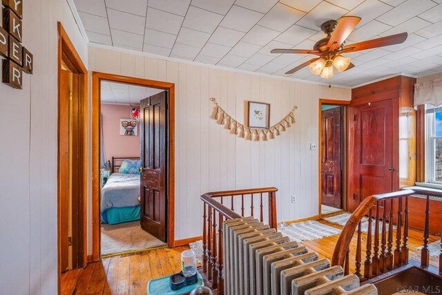 hall with hardwood / wood-style floors, baseboards, ornamental molding, and wooden walls