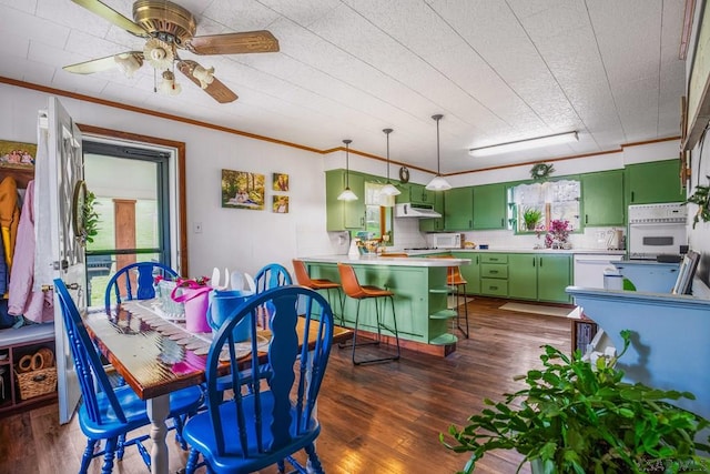 dining area featuring dark wood-style floors, crown molding, and ceiling fan