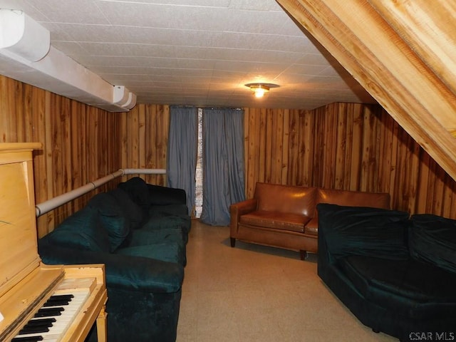 living room with wooden walls