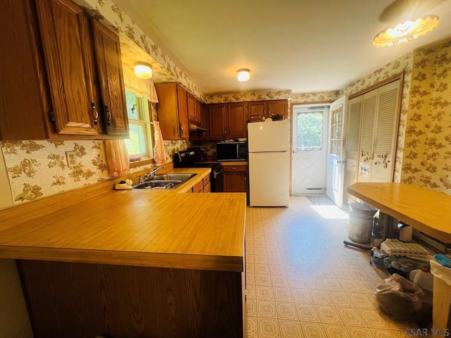 kitchen featuring sink, a wealth of natural light, black appliances, and kitchen peninsula