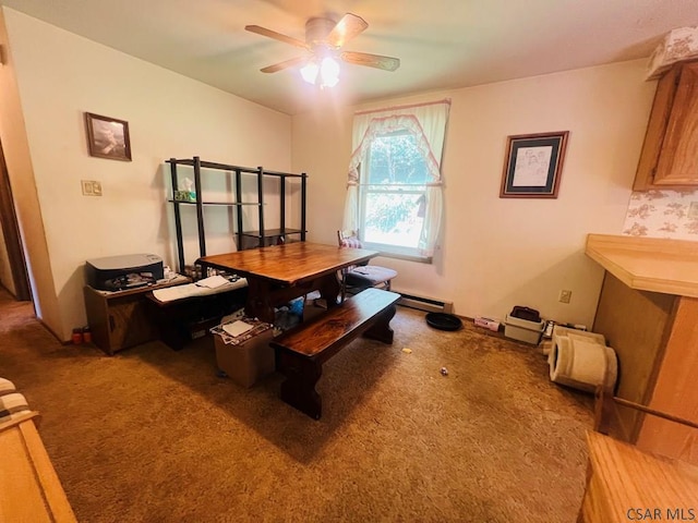 dining area with light carpet and ceiling fan