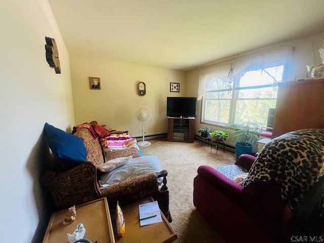 carpeted living room featuring a baseboard heating unit