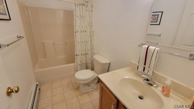 287 School Ave, Jerome, PA 15937 - bathroom with baseboard heating, vanity, shower / bath combo with shower curtain, and tile patterned floors