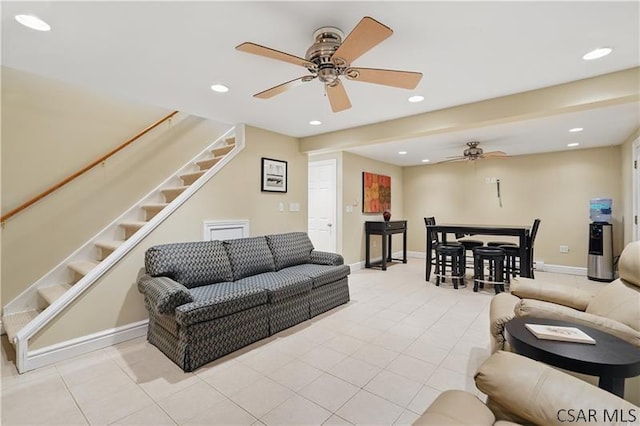 112 Ottawa Ln, Central City, PA 15926 - living room with ceiling fan, stairway, recessed lighting, light tile patterned floors, and baseboards