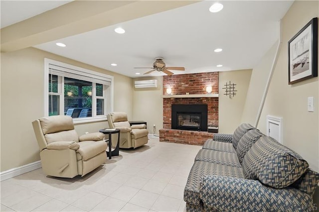 112 Ottawa Ln, Central City, PA 15926 - living area with a ceiling fan, a wall mounted AC, a brick fireplace, light tile patterned flooring, and recessed lighting