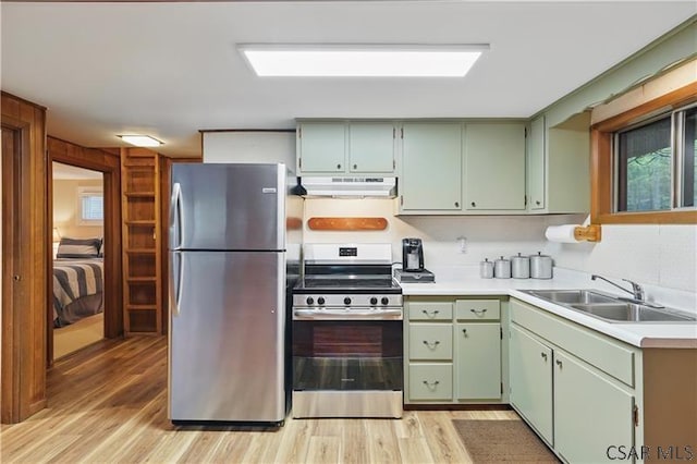 112 Ottawa Ln, Central City, PA 15926 - kitchen featuring stainless steel appliances, a sink, under cabinet range hood, green cabinets, and light wood-style floors