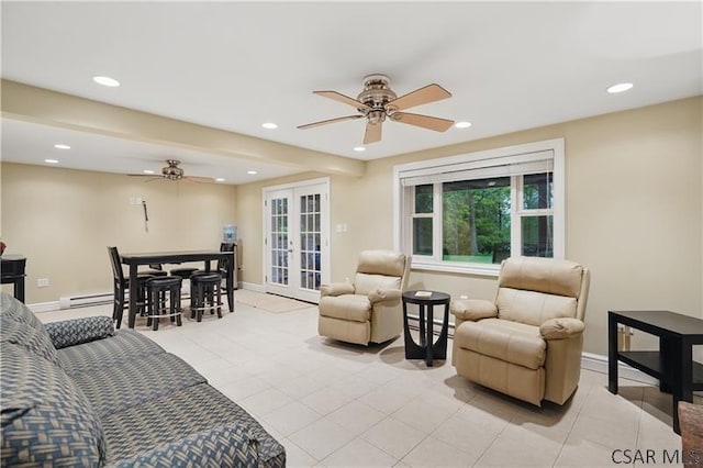 112 Ottawa Ln, Central City, PA 15926 - living room with a ceiling fan, french doors, recessed lighting, light tile patterned flooring, and a baseboard heating unit
