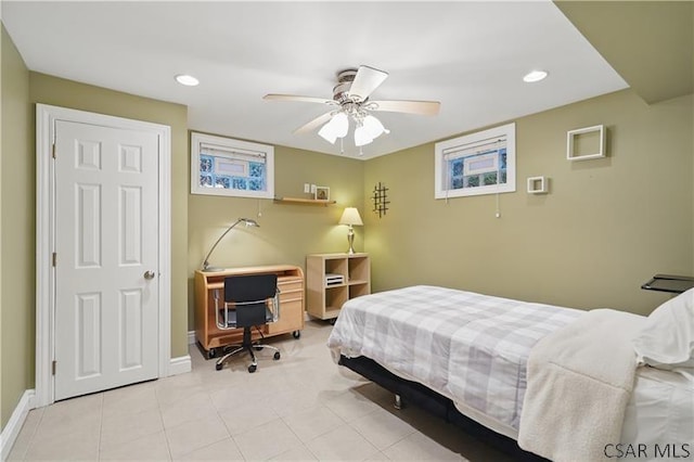 112 Ottawa Ln, Central City, PA 15926 - bedroom with baseboards, recessed lighting, light tile patterned floors, ceiling fan, and an office area