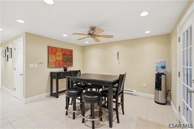 112 Ottawa Ln, Central City, PA 15926 - dining room with a ceiling fan, recessed lighting, a baseboard radiator, baseboards, and light tile patterned floors