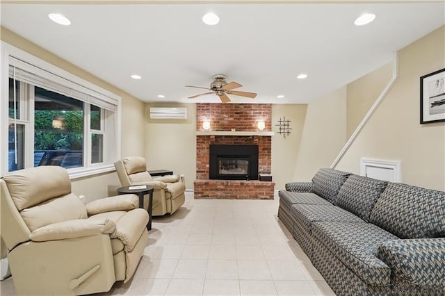 112 Ottawa Ln, Central City, PA 15926 - living area featuring a wall mounted AC, ceiling fan, a fireplace, light tile patterned flooring, and recessed lighting