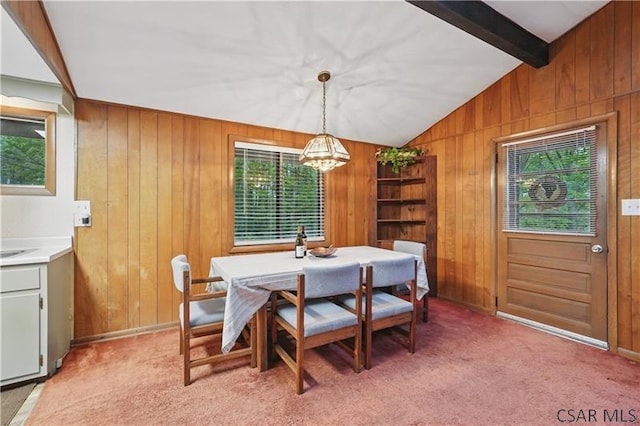 112 Ottawa Ln, Central City, PA 15926 - dining room featuring healthy amount of natural light, wood walls, a chandelier, and light carpet