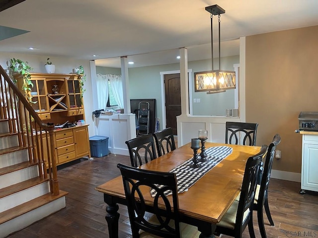 909 Snake Rd, Ebensburg, PA 15931 - dining room featuring stairway, dark wood-style floors, recessed lighting, and baseboards