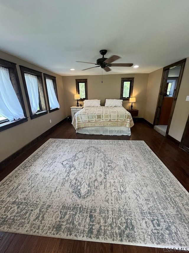 909 Snake Rd, Ebensburg, PA 15931 - bedroom featuring dark wood-type flooring, baseboards, a ceiling fan, and recessed lighting