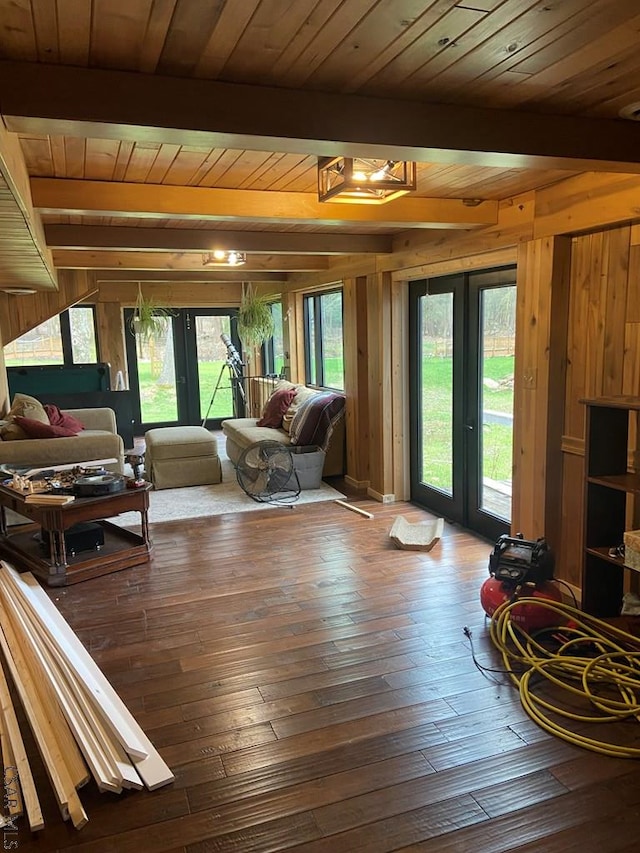 909 Snake Rd, Ebensburg, PA 15931 - living room with wooden walls, plenty of natural light, hardwood / wood-style flooring, wooden ceiling, and beamed ceiling