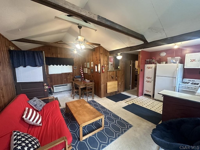 living room featuring ceiling fan, lofted ceiling with beams, and wood walls