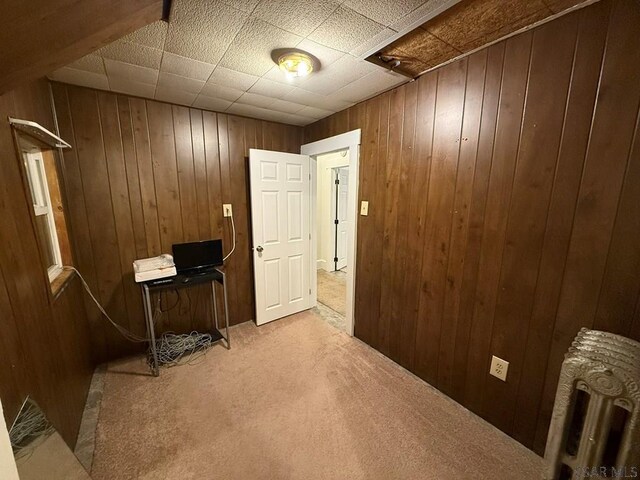 interior space featuring carpet floors, radiator heating unit, and wooden walls