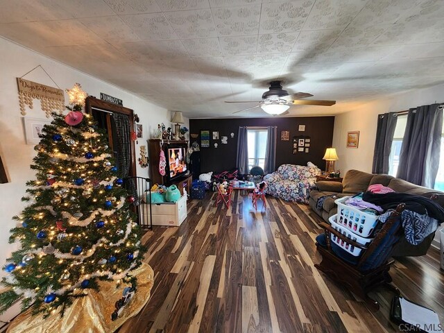 living room with dark hardwood / wood-style floors and ceiling fan