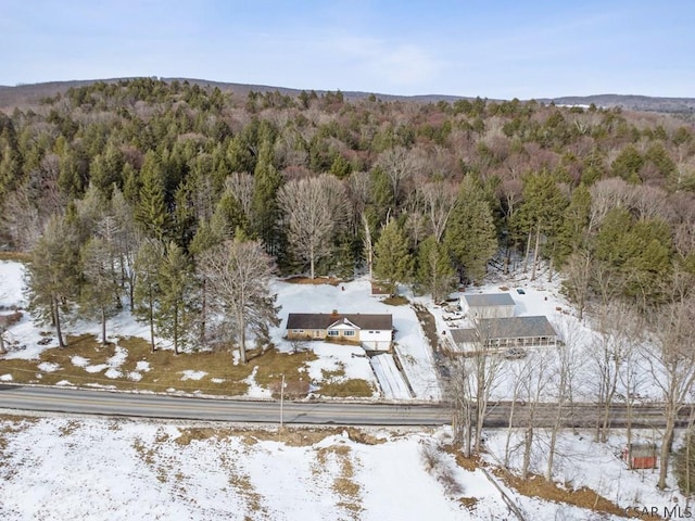 snowy aerial view with a wooded view