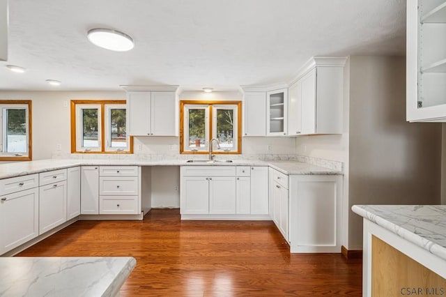 kitchen with glass insert cabinets, white cabinetry, a sink, and wood finished floors